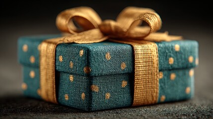 Elegant e-commerce gift card design with golden ribbon bow and present icon on blue background, luxury online shopping voucher template, high resolution, high detail, simple and modern style