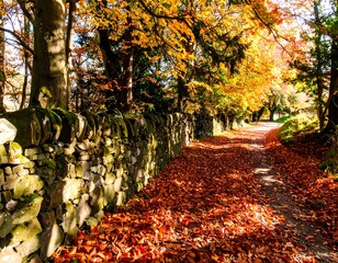 A scenic autumn path lined with a stone wall and vibrant fallen leaves.