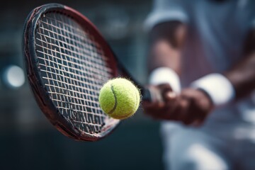 Close up of a man expertly hitting a tennis ball with precision during a competitive match on the court in a sunny outdoor setting