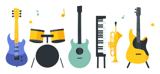 Obraz premium Colorful Cartoon Musical Instruments in a Flat Design Style