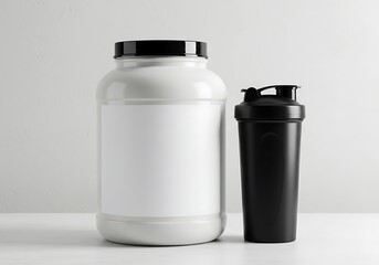 Mockup white protein powder container and black shaker bottle isolated on white background commercial usage