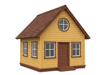 Isolated cartoon house with gable roof, brown trim, yellow siding, & four windows, cozy home
