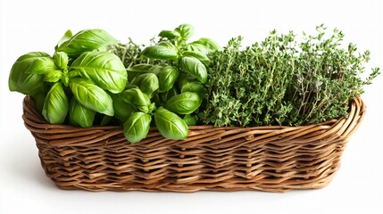 Thyme and basil leaves are beautifully arranged in a basket isolated on white background.
