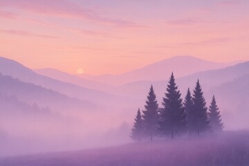 Paisaje montañoso con niebla al amanecer y silueta de pinos al fondo en tonos rosados y violetas