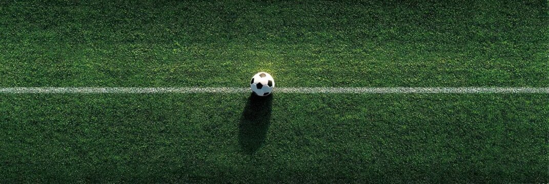 Top down view of soccer ball on green grass field with white lines, high angle background banner for football match concept