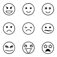 Emoji and emoticons icons set collection of various facial expressions, representing different emotions and feelings in format