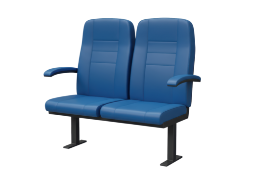Isolated Airport Seating Bench with Blue Upholstery, Armrests, and Black Metal Legs, Depicting Public Waiting Area Furniture