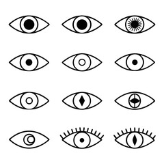 Diverse eye symbol set, showcasing various styles for vision, perception, and spiritual themes in minimalist design