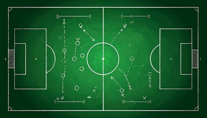 Chalkboard-style soccer strategy diagram showing player movements and formations on a green field