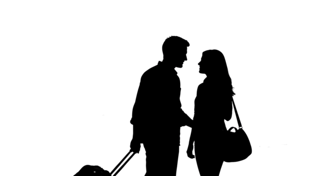 Silhouette of a couple standing with luggage  
