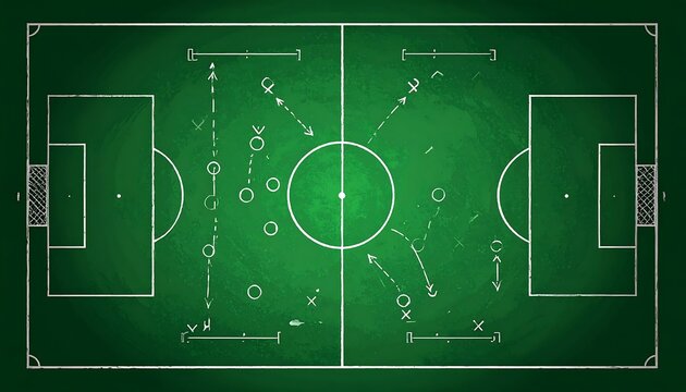 Chalkboard-style soccer strategy diagram showing player movements and formations on a green field