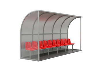 Isolated side view of a sports dugout with red stadium seating, used by sports teams during soccer games and other sporting events, photographed against a white backdrop