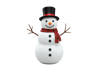 Isolated Festive Snowman with Classic Top Hat, Plaid Scarf, and Stick Arms against a Clear White Backdrop, Embodiment of Winter Holiday Spirit