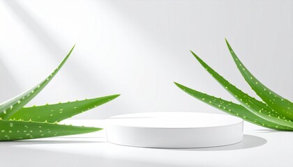 Minimalist Aloe Vera Product Shot Background, Clean White Studio Backdrop for Skincare