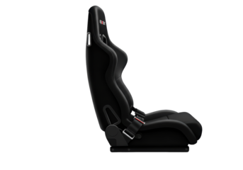 Isolated black racing seat, designed for high-performance driving, featuring ergonomic contours, side bolsters, harness compatibility, and durable construction against a white background