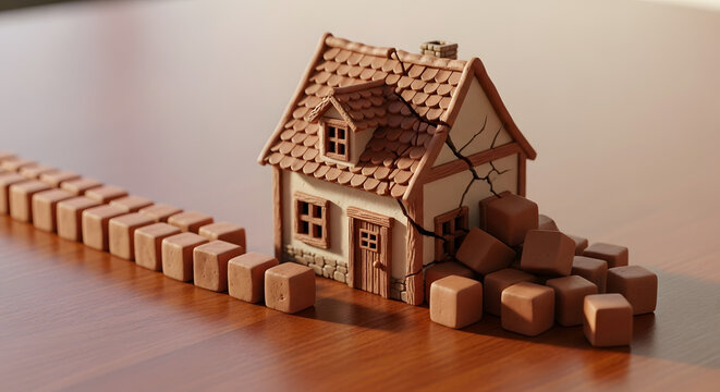 A miniature house with a cracked facade, toppling over as a line of dominoes falls, symbolizing disaster or collapse.