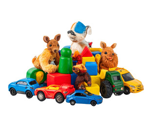 Mixed Collection of Fun Toddler Toys in Bright Colors, isolated on transparent background PNG