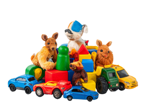 Mixed Collection of Fun Toddler Toys in Bright Colors, isolated on transparent background PNG