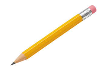 Isolated yellow wooden pencil with pink eraser, silver ferrule, and graphite tip, positioned diagonally on a white background, casting a subtle shadow