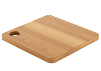 Isolated Square Wooden Cutting Board with Hole, Crafted from Light Oak, Displaying Natural Grain and Smooth, Rounded Edges on a Clean White Background