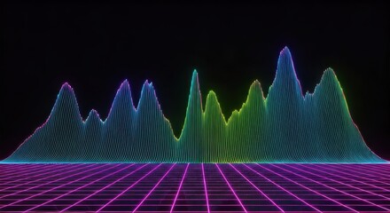 Vibrant, multicolored, abstract waveform peaks rise against a dark background over a retro grid.  The style evokes 80s synthwave aesthetics