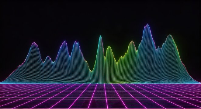 Vibrant, multicolored, abstract waveform peaks rise against a dark background over a retro grid.  The style evokes 80s synthwave aesthetics