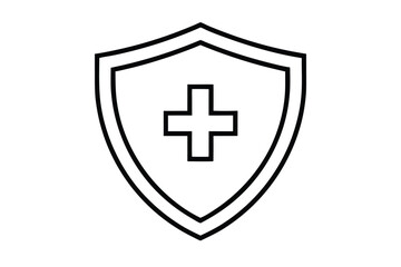Medical Shield Icon with Cross in Black Outline on White Background
