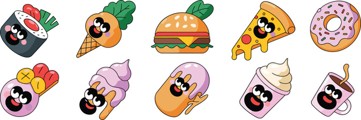 Cute cartoon food icons, smiling snacks, kawaii sushi, burger, pizza, donut, coffee, ice cream, dessert, character design vector