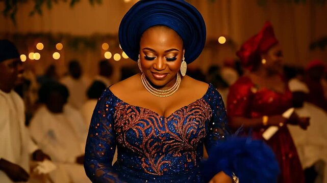 Radiant Nigerian Woman in Stunning Blue Embroidered Lace Aso Ebi Dress and Matching Gele Headwrap at a Joyous Cultural Celebration