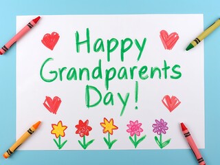 Cheerful children’s crayon drawing with colorful flowers, red hearts, and Happy Grandparents Day message on white paper
