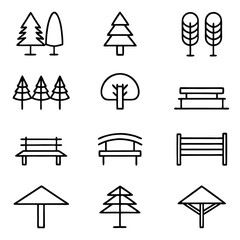 Fototapeta premium Park and garden furniture icons set collection of tree, bench, fence and other outdoor elements line icons for graphic design