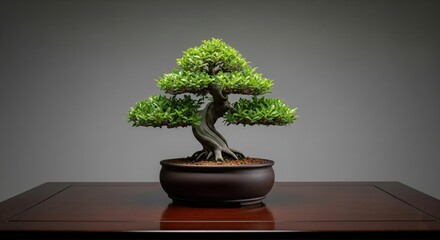 Serene Bonsai: A meticulously crafted bonsai tree, showcasing its delicate leaves and artful trunk, sits gracefully on a wooden surface with a smooth, tranquil backdrop. 