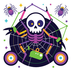 Fototapeta premium Halloween t-shirt vector art of a spooky skeleton with spider web and colorful elements, perfect for halloween celebrations and decorations