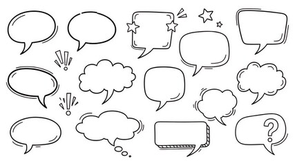 A collection of hand-drawn speech bubbles and thought balloons in various shapes and styles on a white background. - Powered by Adobe