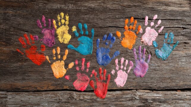 Vibrant Colorful Hand Prints Spread Across Rustic Wooden Surface Reflecting Creativity Joy and Artistic Expression in a Fun and Playful Atmosphere