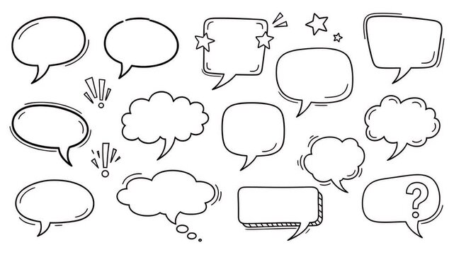 A collection of hand-drawn speech bubbles and thought balloons in various shapes and styles on a white background.