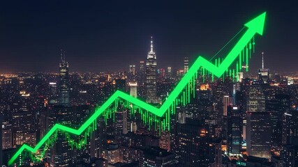 Green upward stock market trend arrow superimposed over a nighttime city skyline, representing financial growth and economic success in urban business - Powered by Adobe