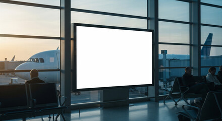 Fototapeta premium Blank digital screen in airport terminal with airplane outside