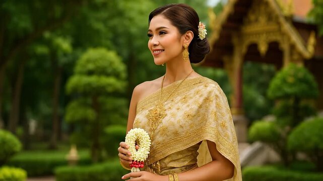 Graceful Thai woman in a golden traditional Chut Thai dress from Thailand, holding a jasmine garland in a serene temple garden, embodying cultural ...