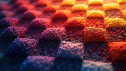 A close-up view of a patterned arrangement of mounds, showcasing a vibrant spectrum of colors from blues to oranges and reds. The geometric shapes and varying shades create an engaging visual.