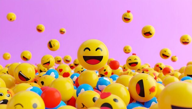 A vibrant collection of expressive emoji faces, in various moods, joyfully fills the vibrant purple background, showcasing digital creativity and positive emotion.