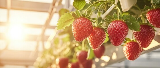 Bright Strawberries Growing in Vertical Farm. Fruits Ripening in Controlled Environment. Agricultural System for Urban Farming Producing Food.