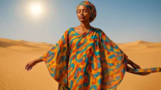 Serene Woman in Vibrant Kaftan and Headscarf Embracing Desert Freedom Under Golden Sun, Standing Peacefully Amidst Rolling Sand Dunes