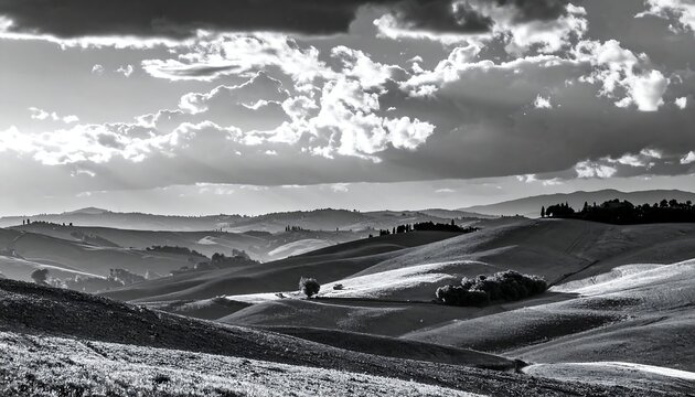 Dramatic black and white landscape of rolling hills bathed in sunlight