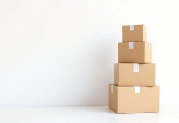 Four tan cardboard boxes of varying sizes are stacked against a white wall and floor, sealed with simple white tape.  They are neatly arranged in a pyramid shape, suggesting delivery or storage