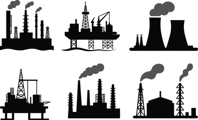 Industrial factory, oil refinery, nuclear plant, offshore drilling platform icons with smoke, energy production, pollution, fossil fuel, power industry