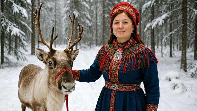 Sami Woman in Traditional G&aacute;kti Dress with Reindeer in Snowy Winter Forest, Showcasing Indigenous Culture of Lapland and Northern European Traditions