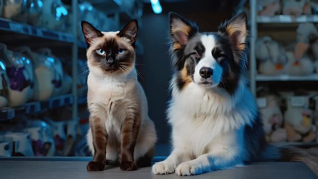 A Siamese cat and a Border Collie sitting together in a pet store aisle surrounded by plush toys