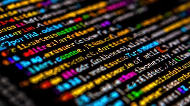 Colorful code close-up, abstract, with blurred depth of field, showcasing complex scripts