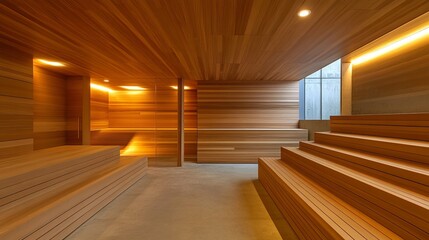 Interior view of a sauna. Wooden walls and benches are illuminated by soft lighting. Relaxation space with stairs